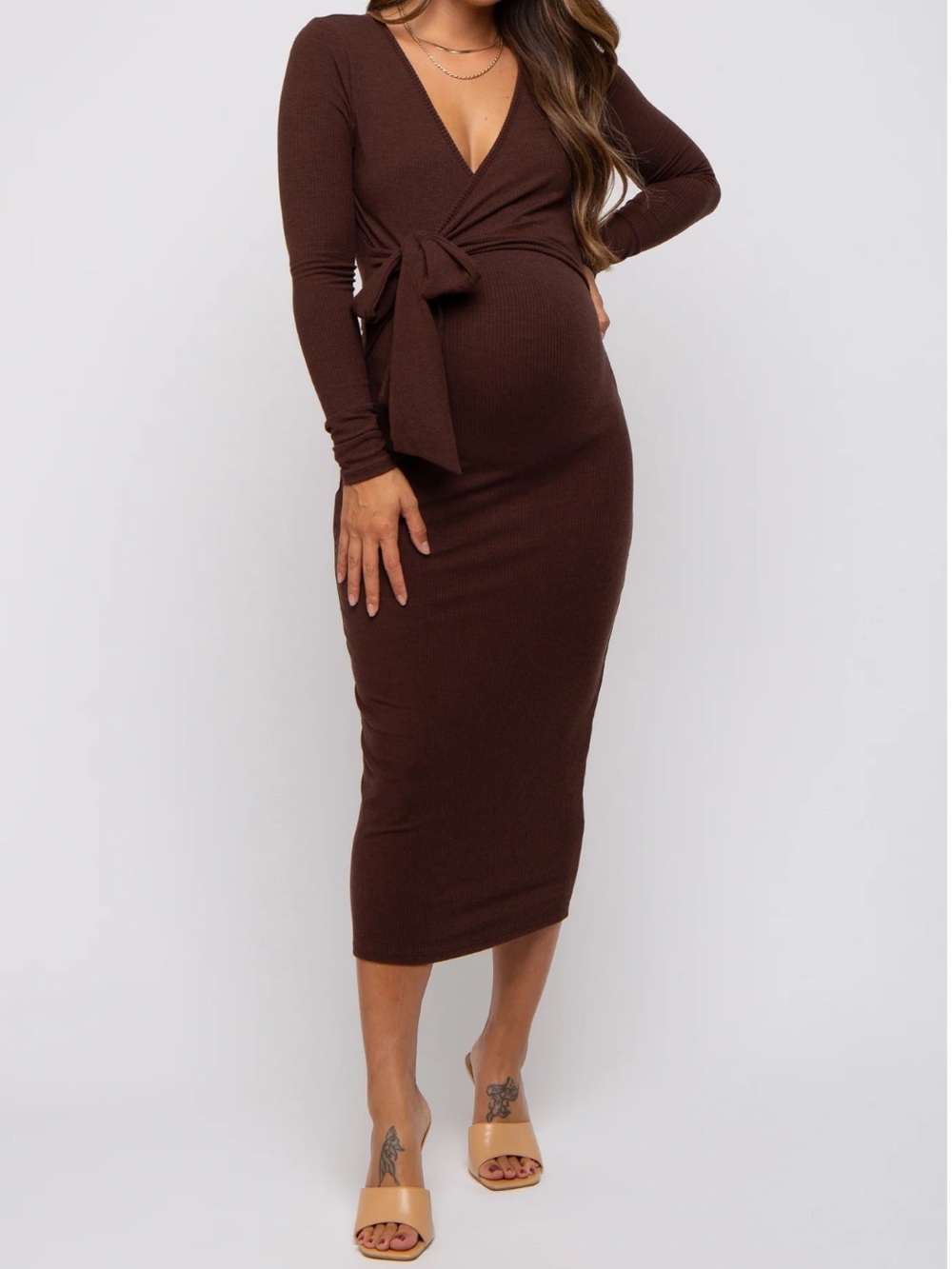 Pinkblush Brown Ribbed Long-Sleeve Wrap Dress with Front Tie